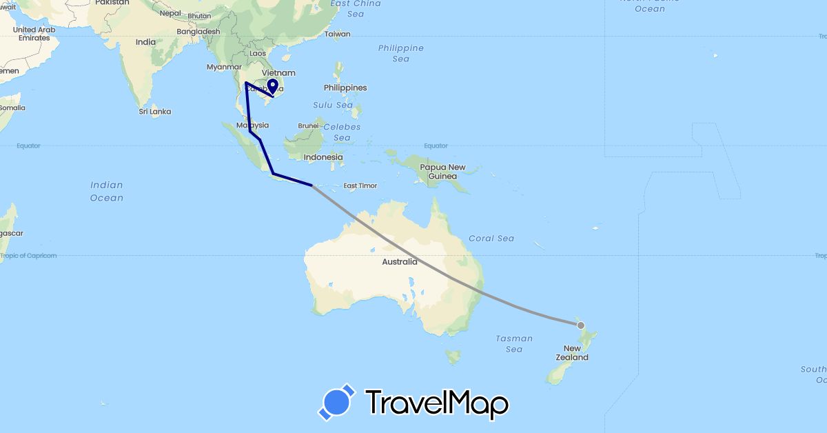 TravelMap itinerary: driving, plane in Indonesia, Malaysia, New Zealand, Singapore, Thailand, Vietnam (Asia, Oceania)